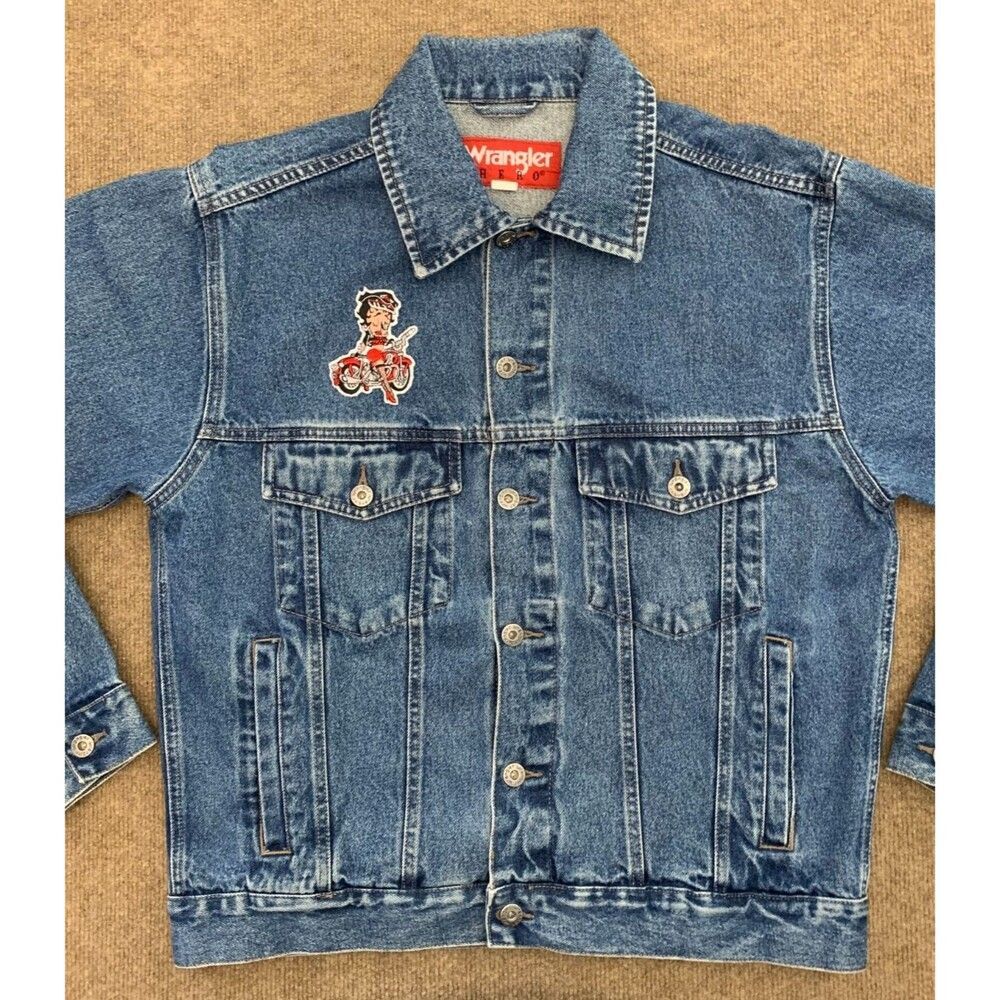 Vintage Wrangler Jacket Mens M Denim Trucker HERO Betty Boop Biker Patch